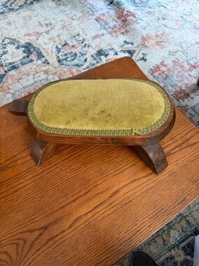 Vintage Wooden Footrest shaped like a turtle with Olive Green Velvet Top